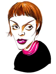 Brigitte Fassbaender, mezzosoprano, directora de escena y escritora alemana (nacida en 1939); caricatura en color